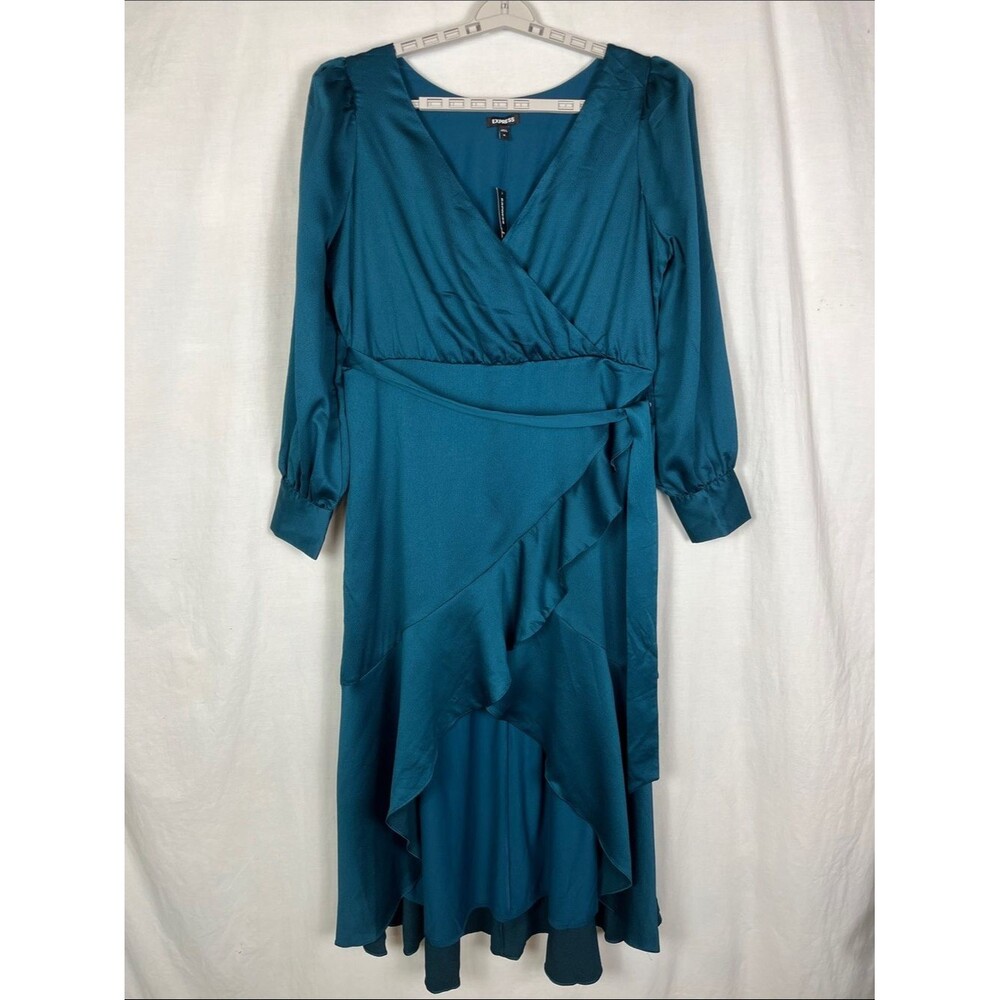 NWT Express Textured High Low Long Sleeve Faux Wrap Ruffle Dress